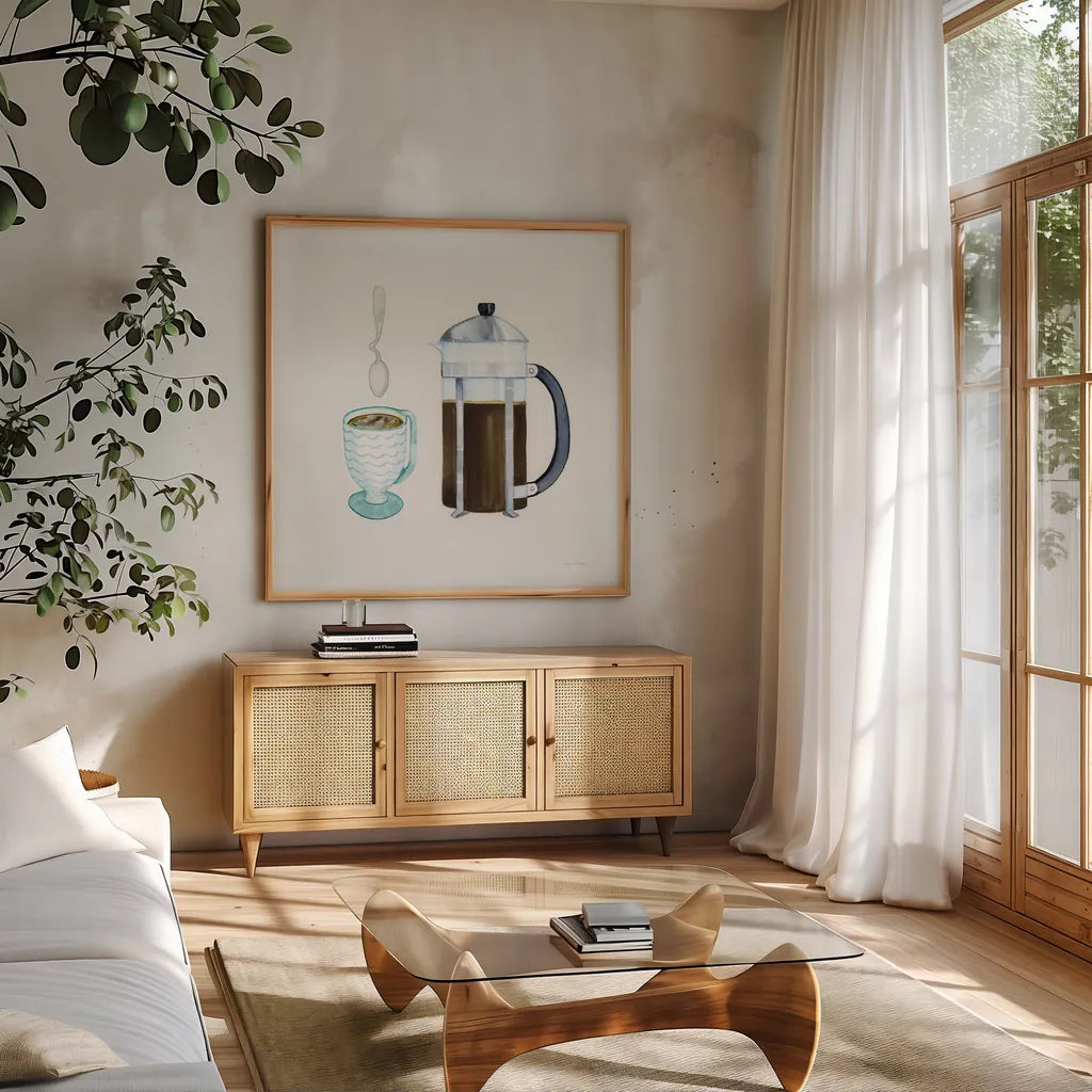 Coffee Break VIII Tan by Kathleen Parr McKenna. Shown in a natural wood frame in a cozy modern living room. Available as an archival giclee rolled canvas, fine art paper, or poster print. SKU 57000a.