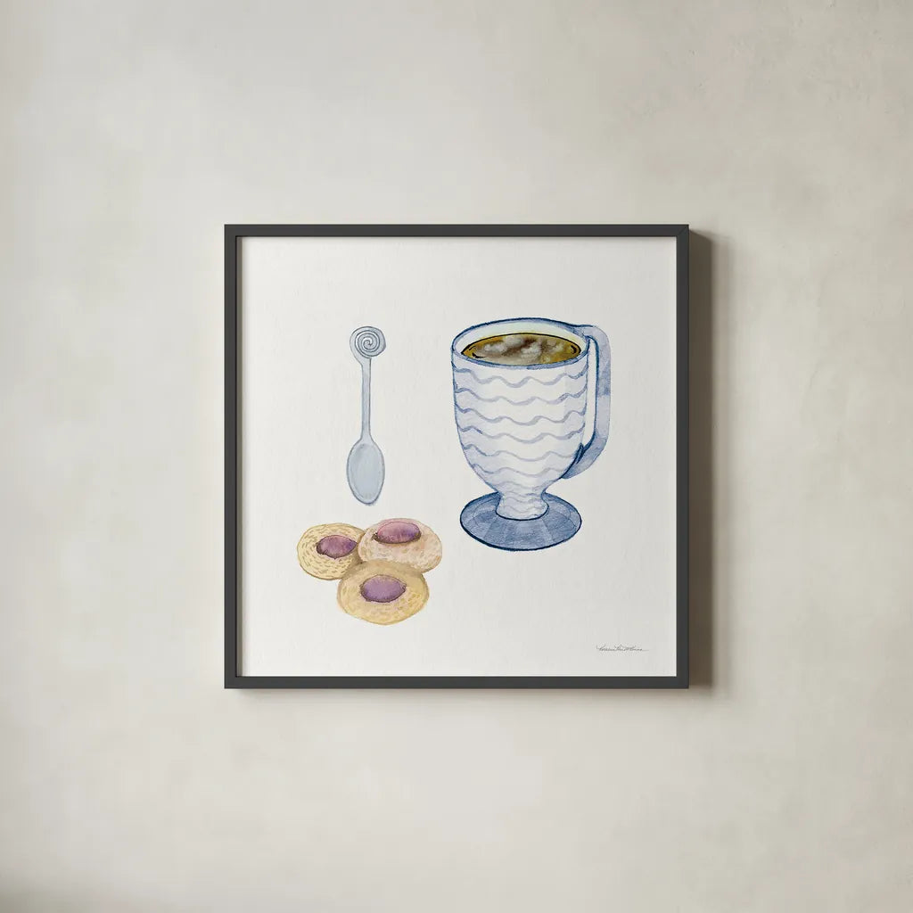Coffee Break X by Kathleen Parr McKenna. Shown in a sleek black glass frame for a contemporary gallery look. Available as an archival giclee rolled canvas, fine art paper, or poster print. SKU 32148a.