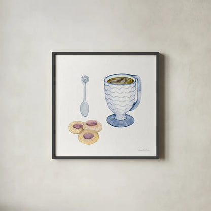 Coffee Break X by Kathleen Parr McKenna. Shown in a sleek black glass frame for a contemporary gallery look. Available as an archival giclee rolled canvas, fine art paper, or poster print. SKU 32148a.