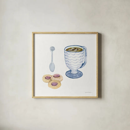 Coffee Break X by Kathleen Parr McKenna. Shown in a natural wood glass frame for a timeless modern aesthetic. Available as an archival giclee rolled canvas, fine art paper, or poster print. SKU 32148a.