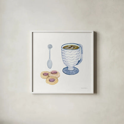 Coffee Break X by Kathleen Parr McKenna. Shown in a crisp white glass frame for a clean and minimalist style. Available as an archival giclee rolled canvas, fine art paper, or poster print. SKU 32148a.