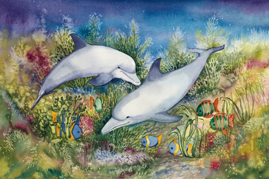 Dolphin Duo by Kathleen Parr McKenna. SKU 41273i. Archival Giclee Fine art print for wall decor.