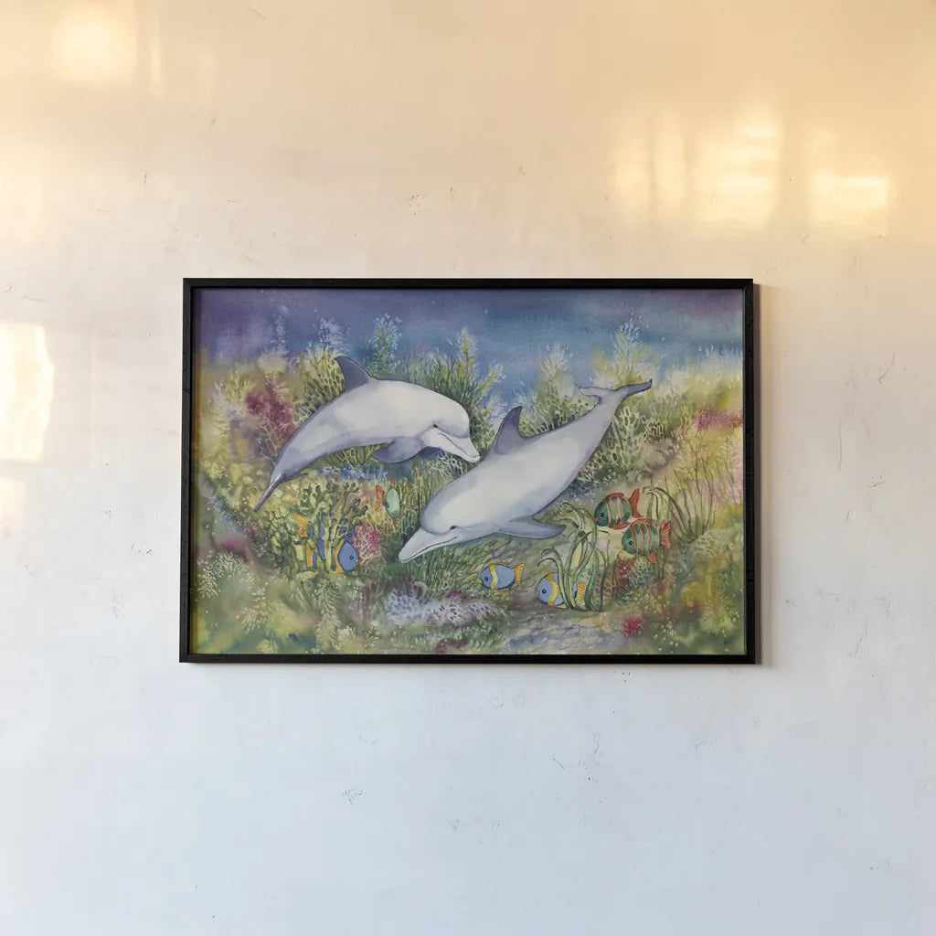 Dolphin Duo by Kathleen Parr McKenna. shown as a paper print in a black flame. Available as a archival giclee rolled canvas, fine art paper, or poster print. SKU 41273i.