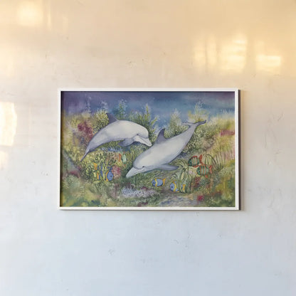 Dolphin Duo by Kathleen Parr McKenna. shown as a paper print in a white frame. Available as a archival giclee rolled canvas, fine art paper, or poster print. SKU 41273i.