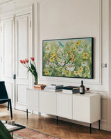 Dragonfly Garden by Kathleen Parr McKenna. shown as a framed stretched canvas in a living room above a console. Available as a archival giclee rolled canvas, fine art paper, or poster print. SKU 29560i.