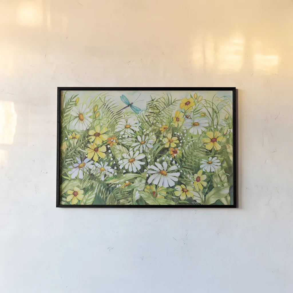 Dragonfly Garden by Kathleen Parr McKenna. shown as a paper print in a black flame. Available as a archival giclee rolled canvas, fine art paper, or poster print. SKU 29560i.