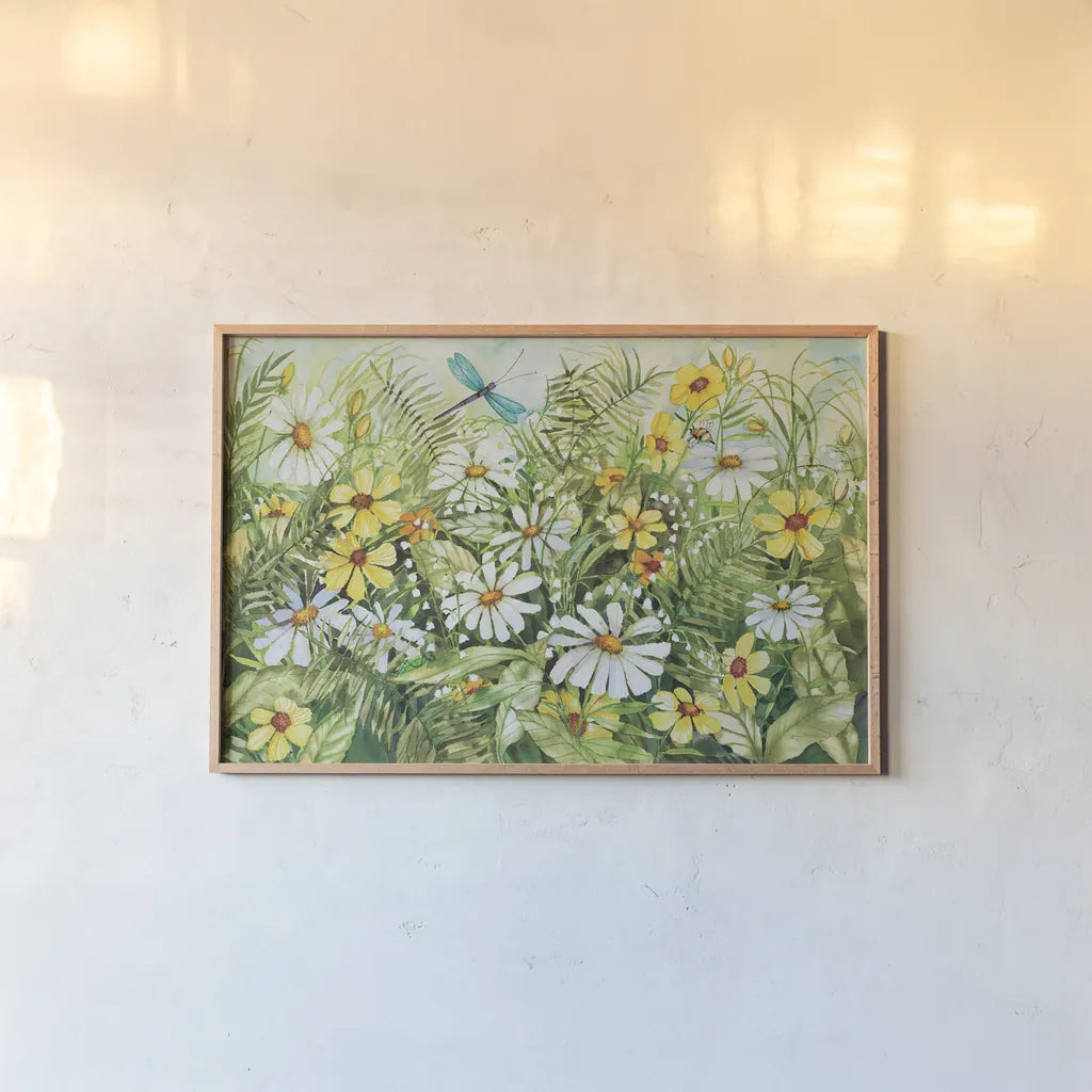 Dragonfly Garden by Kathleen Parr McKenna. shown as a paper print in a natural frame. Available as a archival giclee rolled canvas, fine art paper, or poster print. SKU 29560i.