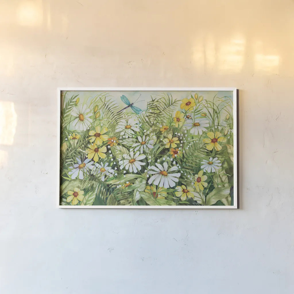 Dragonfly Garden by Kathleen Parr McKenna. shown as a paper print in a white frame. Available as a archival giclee rolled canvas, fine art paper, or poster print. SKU 29560i.