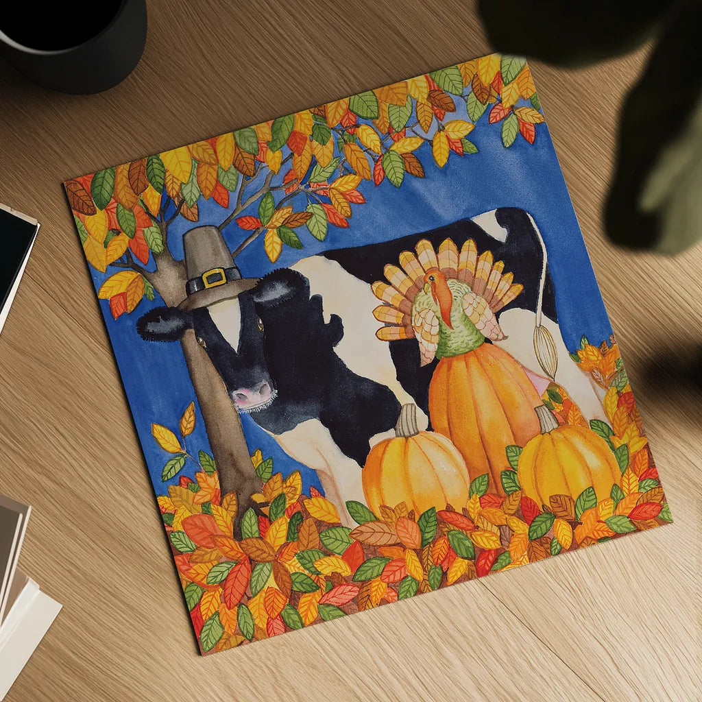 Fall Cow by Kathleen Parr McKenna. Shown as a detailed flat fine art print, highlighting archival giclee quality. Available as an archival giclee rolled canvas, fine art paper, or poster print. SKU 26725a.