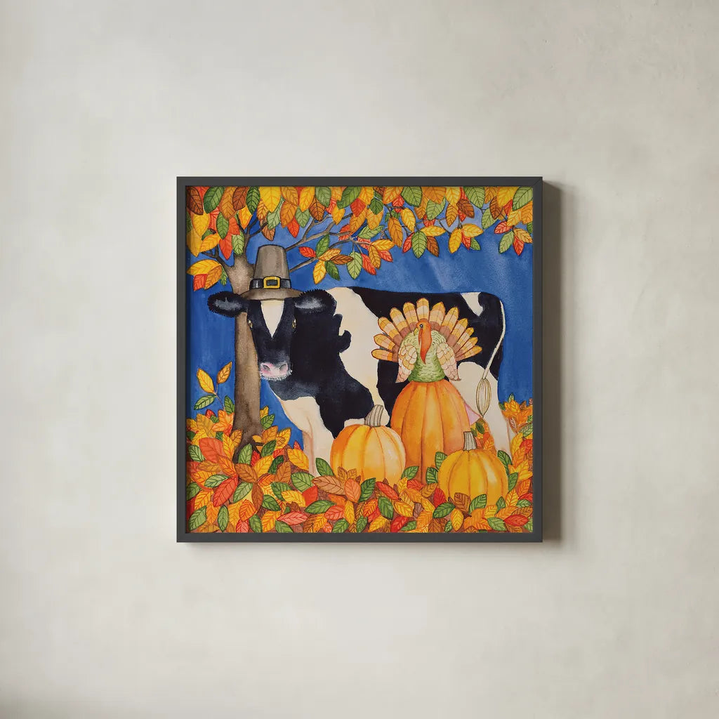 Fall Cow by Kathleen Parr McKenna. Shown in a sleek black glass frame for a contemporary gallery look. Available as an archival giclee rolled canvas, fine art paper, or poster print. SKU 26725a.