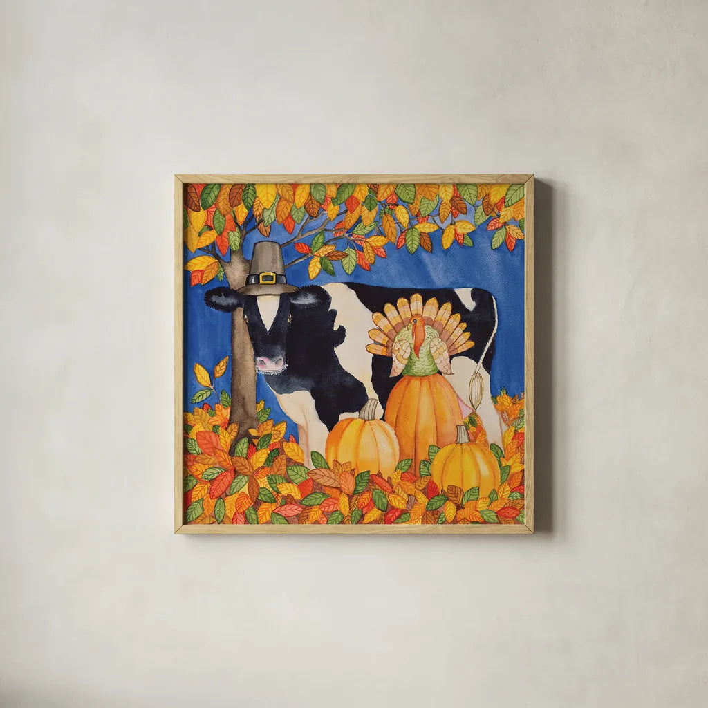 Fall Cow by Kathleen Parr McKenna. Shown in a natural wood glass frame for a timeless modern aesthetic. Available as an archival giclee rolled canvas, fine art paper, or poster print. SKU 26725a.