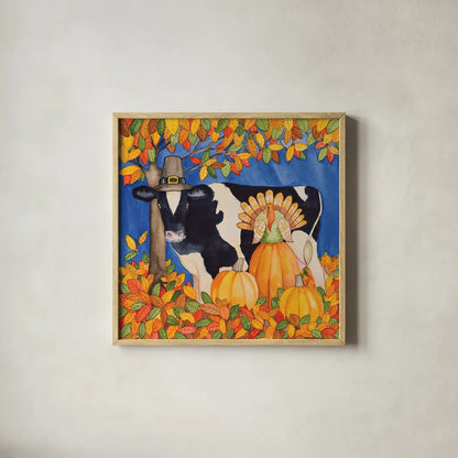 Fall Cow by Kathleen Parr McKenna. Shown in a natural wood glass frame for a timeless modern aesthetic. Available as an archival giclee rolled canvas, fine art paper, or poster print. SKU 26725a.