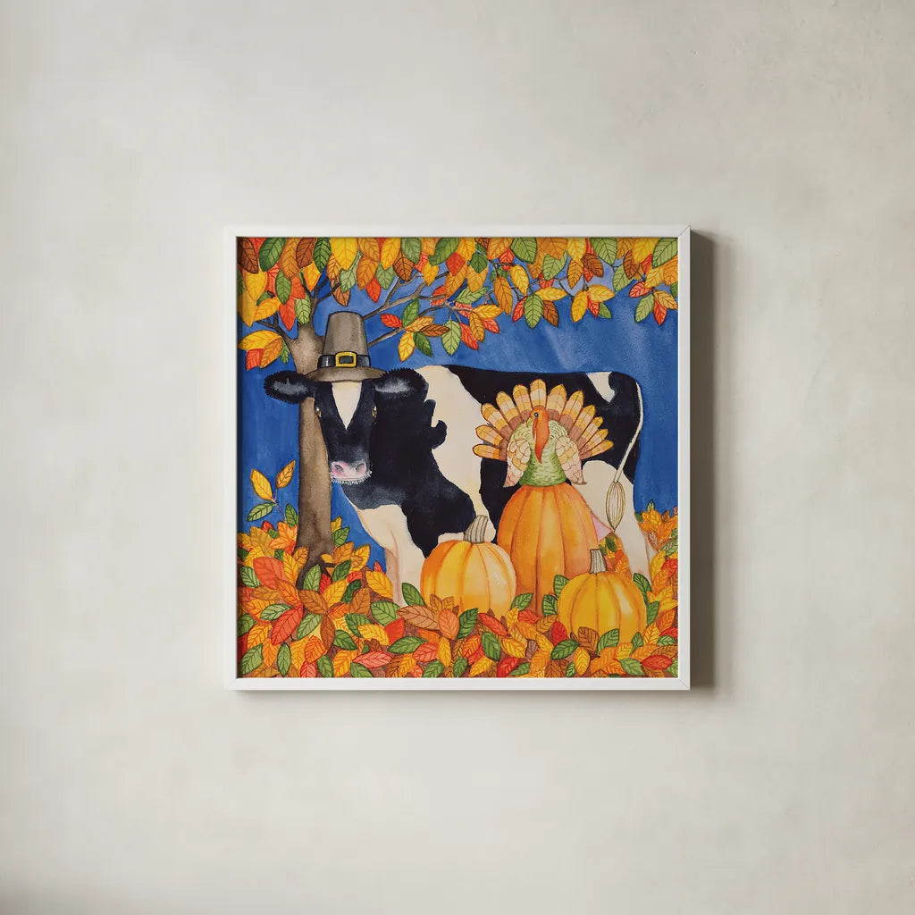 Fall Cow by Kathleen Parr McKenna. Shown in a crisp white glass frame for a clean and minimalist style. Available as an archival giclee rolled canvas, fine art paper, or poster print. SKU 26725a.