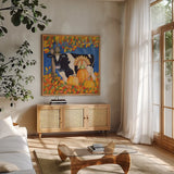 Fall Cow by Kathleen Parr McKenna. Shown in a natural wood frame in a cozy modern living room. Available as an archival giclee rolled canvas, fine art paper, or poster print. SKU 26725a.