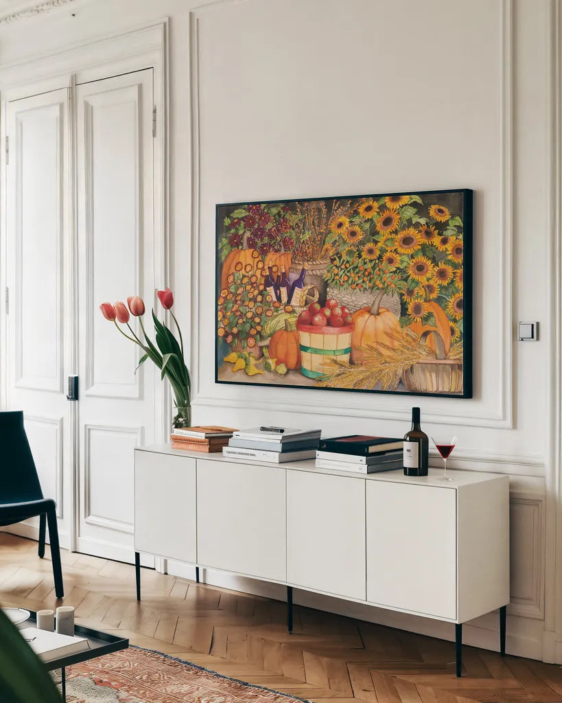Farmers Market by Kathleen Parr McKenna. shown as a framed stretched canvas in a living room above a console. Available as a archival giclee rolled canvas, fine art paper, or poster print. SKU 26717i.