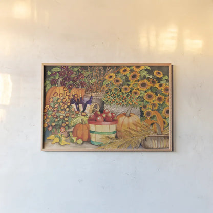 Farmers Market by Kathleen Parr McKenna. shown as a paper print in a natural frame. Available as a archival giclee rolled canvas, fine art paper, or poster print. SKU 26717i.