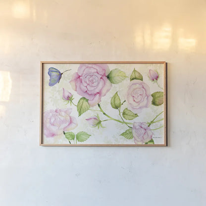 Floral Delight VI Butterflies by Kathleen Parr McKenna. shown as a paper print in a natural frame. Available as a archival giclee rolled canvas, fine art paper, or poster print. SKU 79598i.