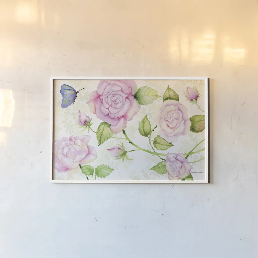 Floral Delight VI Butterflies by Kathleen Parr McKenna. shown as a paper print in a white frame. Available as a archival giclee rolled canvas, fine art paper, or poster print. SKU 79598i.