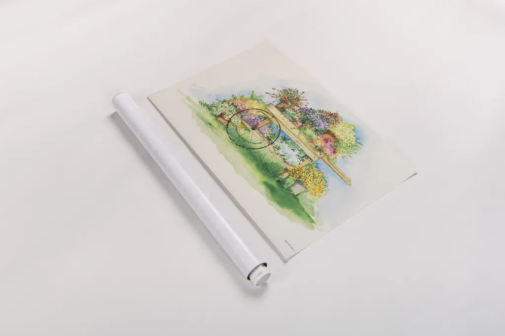 Flower Cart by Kathleen Parr McKenna. shown as a rolled paper print. Available as archival giclee rolled canvas, fine art paper, or poster print. SKU 41206i.