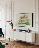 Flower Cart by Kathleen Parr McKenna. shown as a framed stretched canvas in a living room above a console. Available as a archival giclee rolled canvas, fine art paper, or poster print. SKU 41206i.