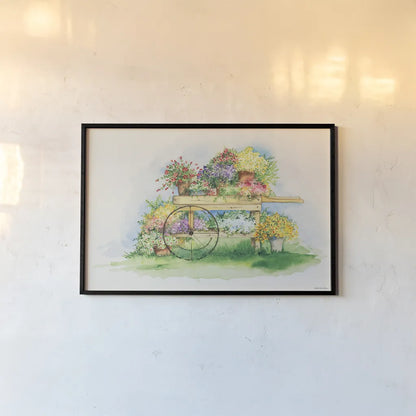 Flower Cart by Kathleen Parr McKenna. shown as a paper print in a black flame. Available as a archival giclee rolled canvas, fine art paper, or poster print. SKU 41206i.