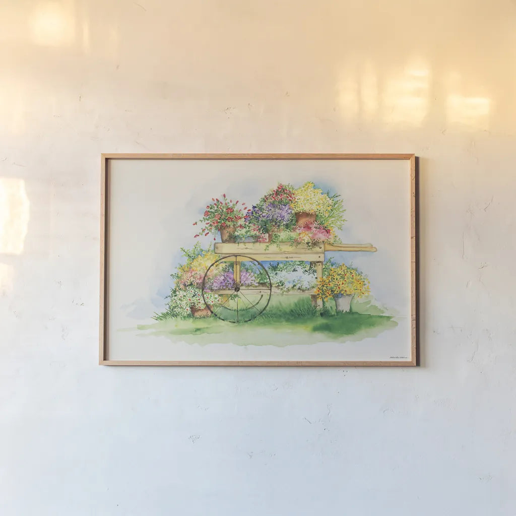 Flower Cart by Kathleen Parr McKenna. shown as a paper print in a natural frame. Available as a archival giclee rolled canvas, fine art paper, or poster print. SKU 41206i.