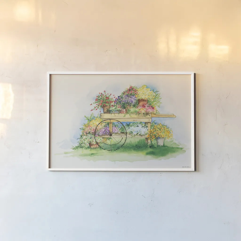 Flower Cart by Kathleen Parr McKenna. shown as a paper print in a white frame. Available as a archival giclee rolled canvas, fine art paper, or poster print. SKU 41206i.