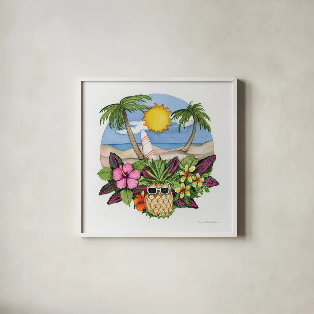 Fun in the Sun by Kathleen Parr McKenna. Shown in a crisp white glass frame for a clean and minimalist style. Available as an archival giclee rolled canvas, fine art paper, or poster print. SKU 91399a.