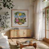 Fun in the Sun by Kathleen Parr McKenna. Shown in a natural wood frame in a cozy modern living room. Available as an archival giclee rolled canvas, fine art paper, or poster print. SKU 91399a.