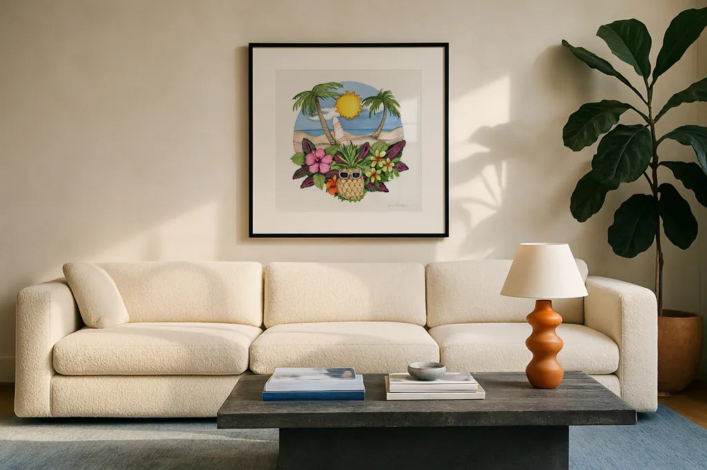 Fun in the Sun by Kathleen Parr McKenna. Displayed in a glass frame with matte in a clean modern living room. Available as an archival giclee rolled canvas, fine art paper, or poster print. SKU 91399a.