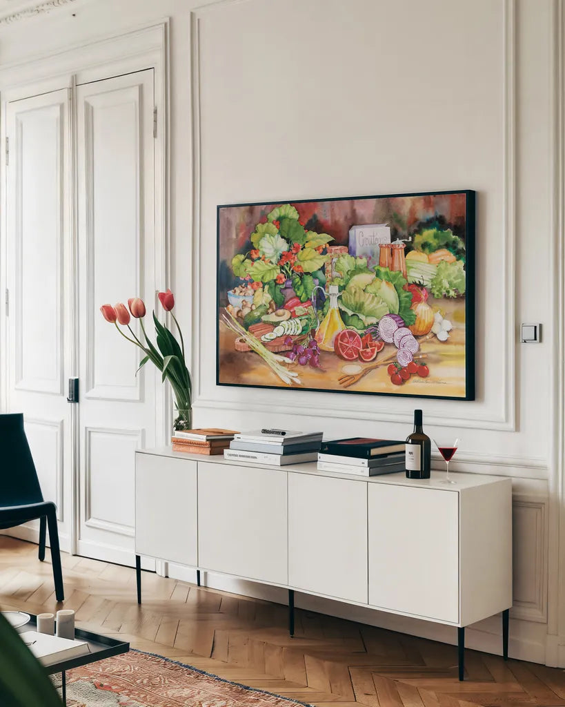 Garden Salad by Kathleen Parr McKenna. shown as a framed stretched canvas in a living room above a console. Available as a archival giclee rolled canvas, fine art paper, or poster print. SKU 47933i.