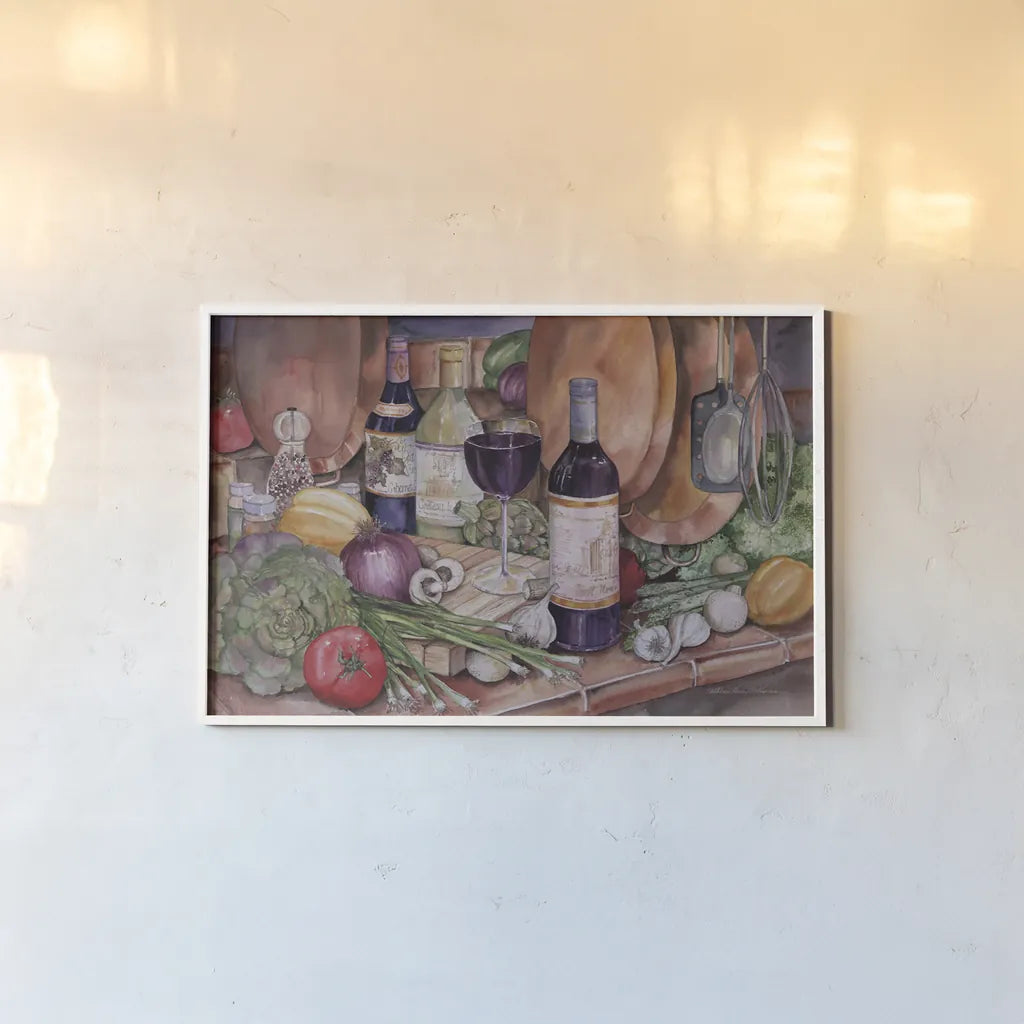 Gourmet Night by Kathleen Parr McKenna. shown as a paper print in a white frame. Available as a archival giclee rolled canvas, fine art paper, or poster print. SKU 47964i.