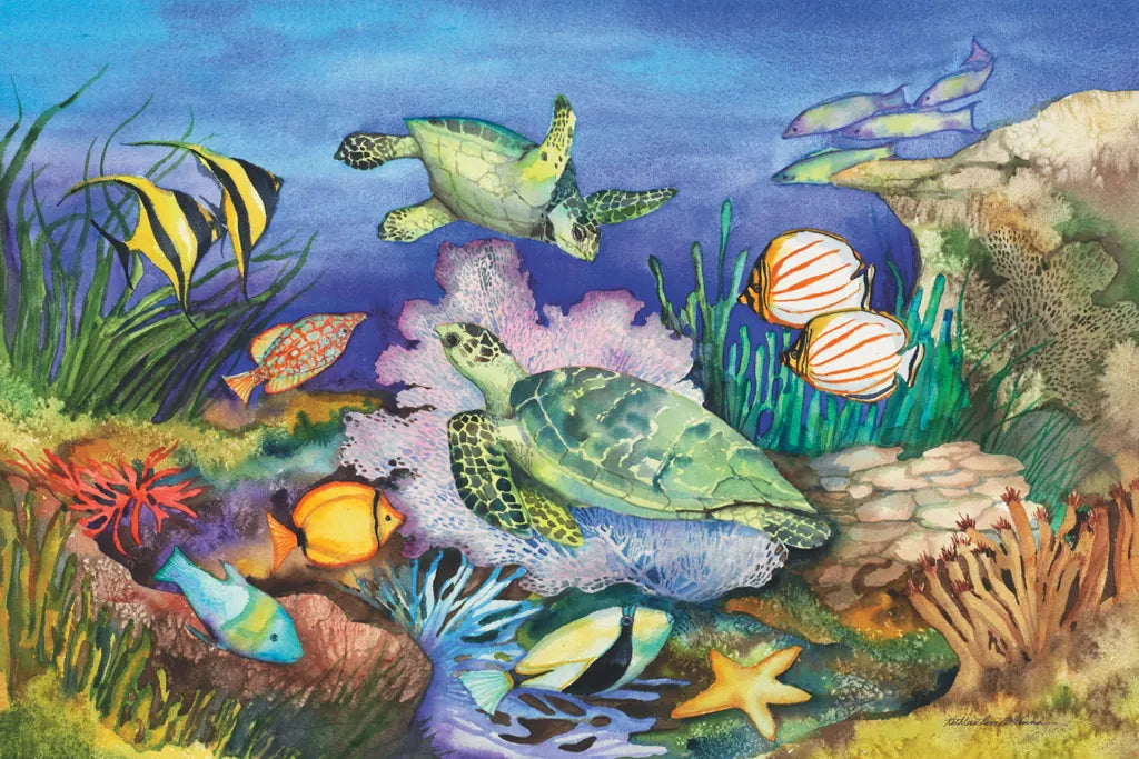 Green Sea Turtles by Kathleen Parr McKenna. SKU 41252i. Archival Giclee Fine art print for wall decor.