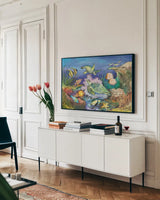 Green Sea Turtles by Kathleen Parr McKenna. shown as a framed stretched canvas in a living room above a console. Available as a archival giclee rolled canvas, fine art paper, or poster print. SKU 41252i.