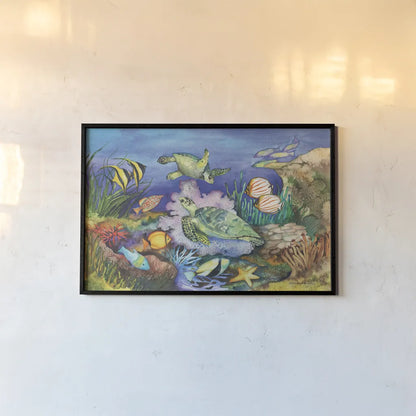 Green Sea Turtles by Kathleen Parr McKenna. shown as a paper print in a black flame. Available as a archival giclee rolled canvas, fine art paper, or poster print. SKU 41252i.