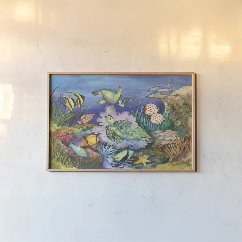 Green Sea Turtles by Kathleen Parr McKenna. shown as a paper print in a natural frame. Available as a archival giclee rolled canvas, fine art paper, or poster print. SKU 41252i.