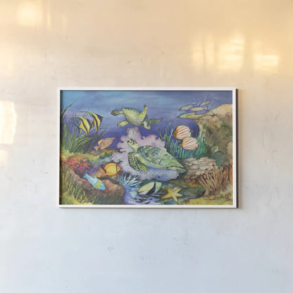 Green Sea Turtles by Kathleen Parr McKenna. shown as a paper print in a white frame. Available as a archival giclee rolled canvas, fine art paper, or poster print. SKU 41252i.