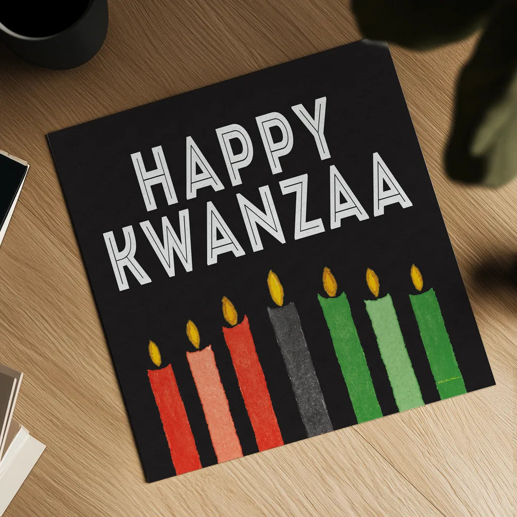 Happy Kwanzaa I by Kathleen Parr McKenna. Shown as a detailed flat fine art print, highlighting archival giclee quality. Available as an archival giclee rolled canvas, fine art paper, or poster print. SKU 67445a.