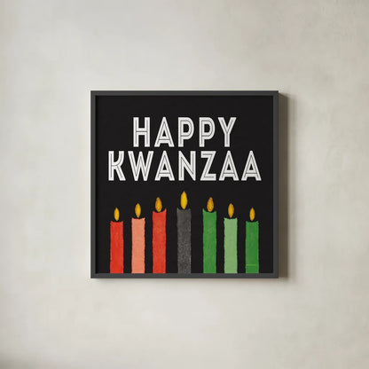 Happy Kwanzaa I by Kathleen Parr McKenna. Shown in a sleek black glass frame for a contemporary gallery look. Available as an archival giclee rolled canvas, fine art paper, or poster print. SKU 67445a.