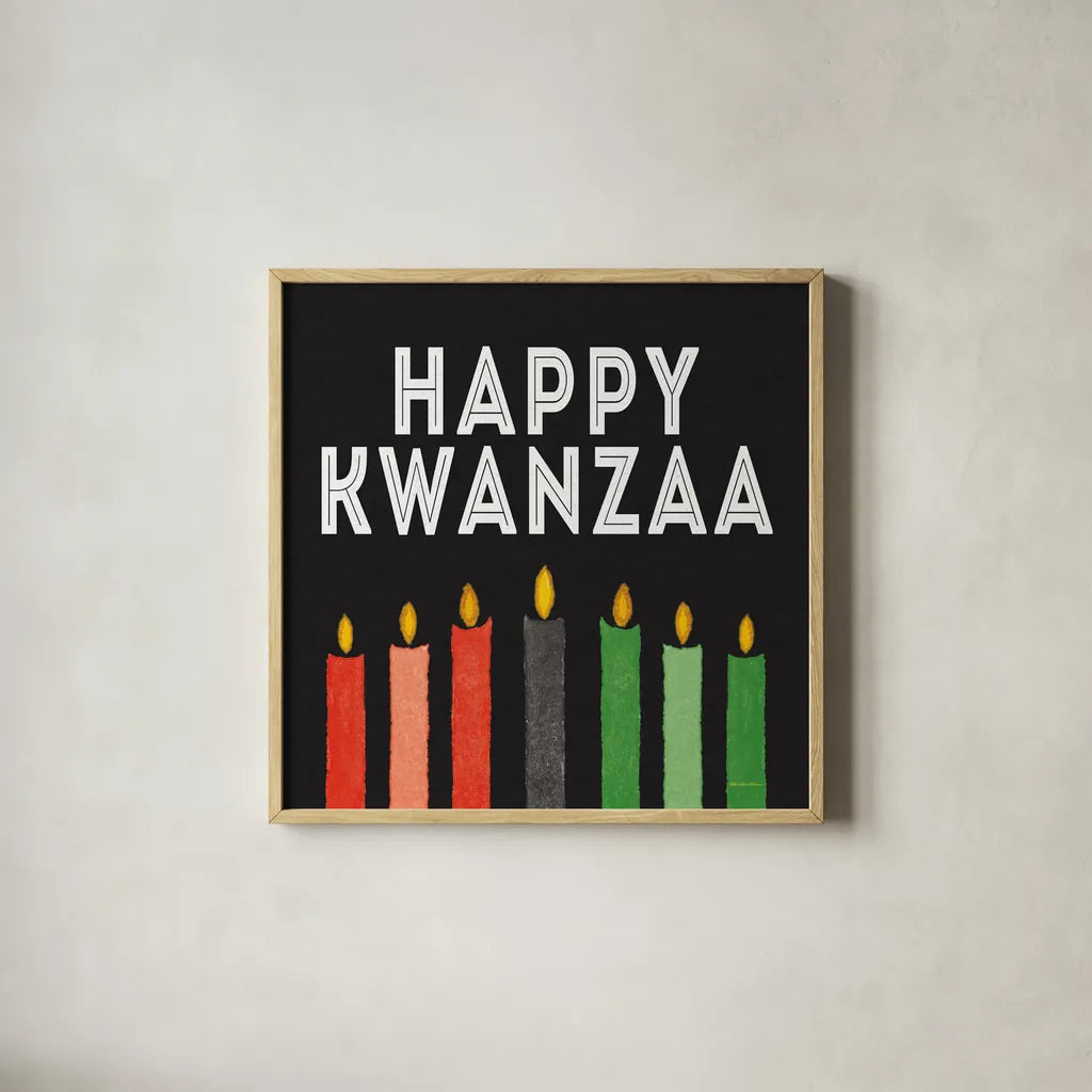 Happy Kwanzaa I by Kathleen Parr McKenna. Shown in a natural wood glass frame for a timeless modern aesthetic. Available as an archival giclee rolled canvas, fine art paper, or poster print. SKU 67445a.