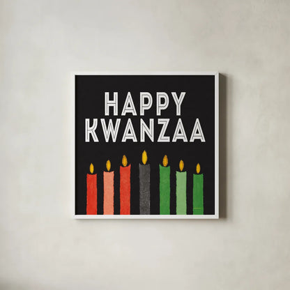 Happy Kwanzaa I by Kathleen Parr McKenna. Shown in a crisp white glass frame for a clean and minimalist style. Available as an archival giclee rolled canvas, fine art paper, or poster print. SKU 67445a.