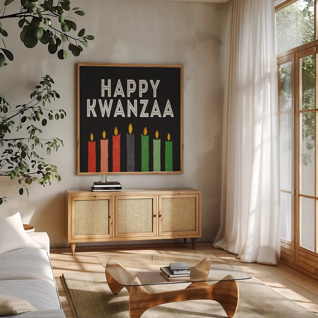 Happy Kwanzaa I by Kathleen Parr McKenna. Shown in a natural wood frame in a cozy modern living room. Available as an archival giclee rolled canvas, fine art paper, or poster print. SKU 67445a.