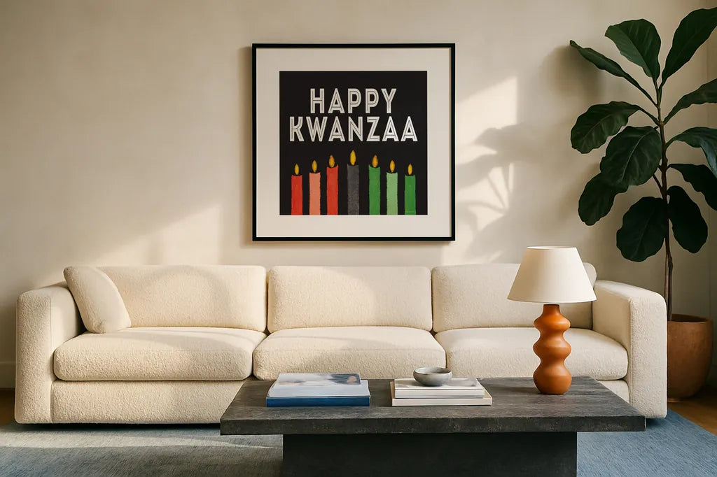 Happy Kwanzaa I by Kathleen Parr McKenna. Displayed in a glass frame with matte in a clean modern living room. Available as an archival giclee rolled canvas, fine art paper, or poster print. SKU 67445a.