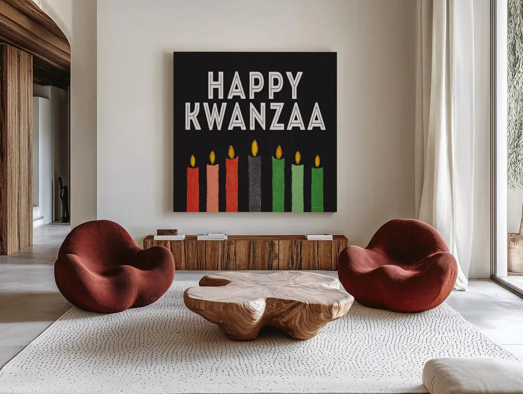 Happy Kwanzaa I by Kathleen Parr McKenna. Shown as extra-large giant wall art in a modern living room. Available as an archival giclee rolled canvas, fine art paper, or poster print. SKU 67445a.