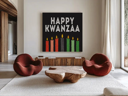 Happy Kwanzaa I by Kathleen Parr McKenna. Shown as extra-large giant wall art in a modern living room. Available as an archival giclee rolled canvas, fine art paper, or poster print. SKU 67445a.