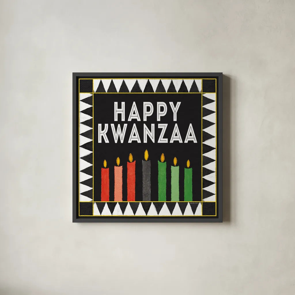 Happy Kwanzaa II by Kathleen Parr McKenna. Shown in a sleek black glass frame for a contemporary gallery look. Available as an archival giclee rolled canvas, fine art paper, or poster print. SKU 67446a.