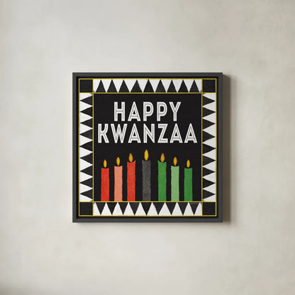 Happy Kwanzaa II by Kathleen Parr McKenna. Shown in a sleek black glass frame for a contemporary gallery look. Available as an archival giclee rolled canvas, fine art paper, or poster print. SKU 67446a.