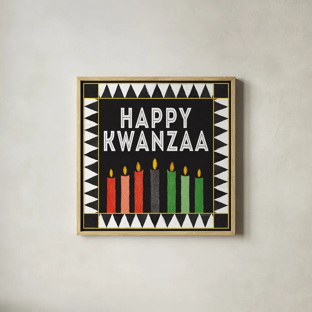 Happy Kwanzaa II by Kathleen Parr McKenna. Shown in a natural wood glass frame for a timeless modern aesthetic. Available as an archival giclee rolled canvas, fine art paper, or poster print. SKU 67446a.