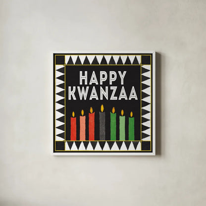 Happy Kwanzaa II by Kathleen Parr McKenna. Shown in a crisp white glass frame for a clean and minimalist style. Available as an archival giclee rolled canvas, fine art paper, or poster print. SKU 67446a.