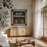 Happy Kwanzaa II by Kathleen Parr McKenna. Shown in a natural wood frame in a cozy modern living room. Available as an archival giclee rolled canvas, fine art paper, or poster print. SKU 67446a.